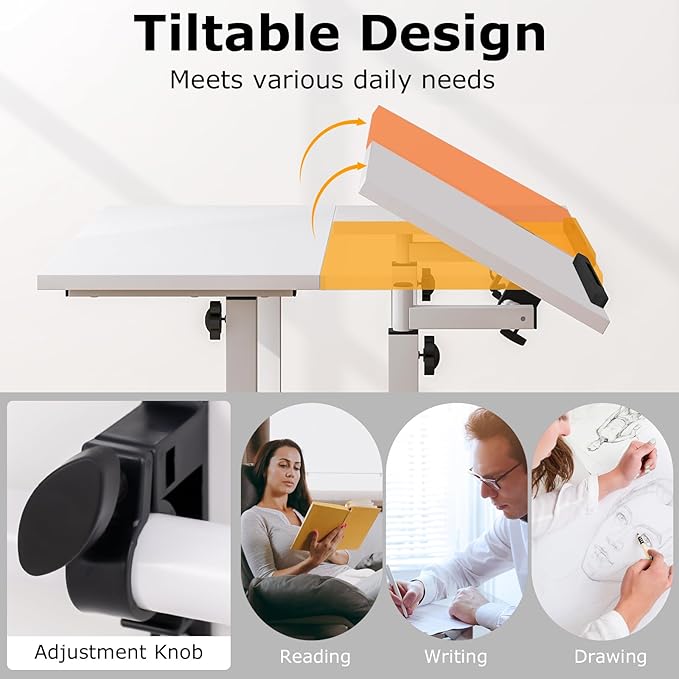 Giantex Mobile Standing Desk Height Adjustable Stand Up Table with Wheels &amp Tilting Tabletop Rolling Laptop Cart Computer Workstation for Standing or Sitting Home Office Sit Stand Desk (White)