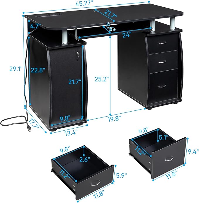 Black Computer Desk with Drawers Home Office Desk Modern Work Study Gaming Writing Home Office Desks with Storage Table for Bedroom PC Laptop Workstation 45.27 L x 21.65 W x 29.13 H