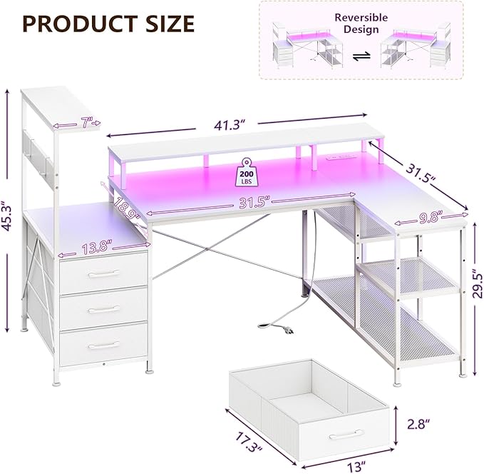L Shaped Gaming Desk with Drawers &amp Storage Shelves Corner Gaming Desk with Power Outlets &amp LED Light Reversible Computer Desk with Monitor Stand &amp Hooks White