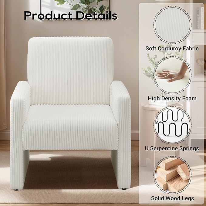 FUNKEEN Mid Century Modern Accent Chair for Living Room Small Comfy Corduroy Reading Chair for Bedroom with Solid Wood Frame 105° Ergonomic Cozy Lounge Armchairs for Adults – White