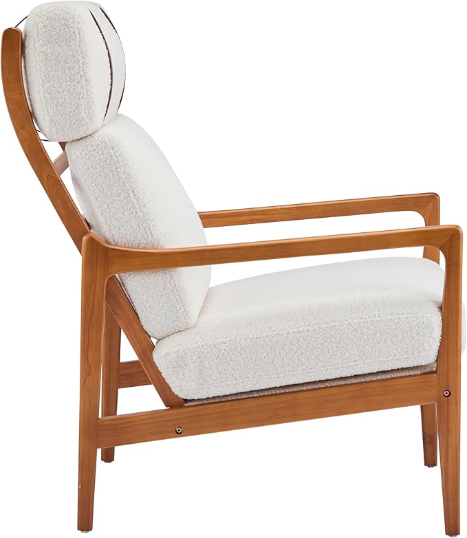 Merax Mid Century Modern Accent Chair High Back Armchair with Beige Boucle Upholstered Cushions and Solid Wood Frame Ergonomic Lounge Chair for Living Room/Bedroom/Reading Nook