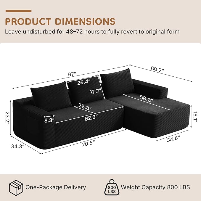 Rovibek 97 Black Boneless Couch Modular Sectional Sofa with Chaise Compressed Corduroy Couch with Deep Seat No Assembly Required
