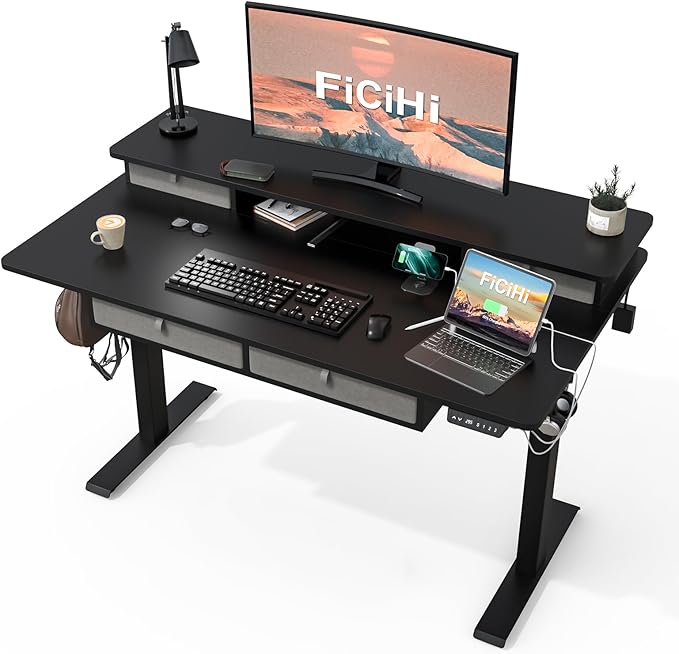 FiCiHi Adjustable Height Standing Desk with 4 Drawers48 x 30 inches Electric Sit Stand Home Office Desk with Two Tiers 3 Memory Presets Monitor Stand Riser USB A/C Charging Port