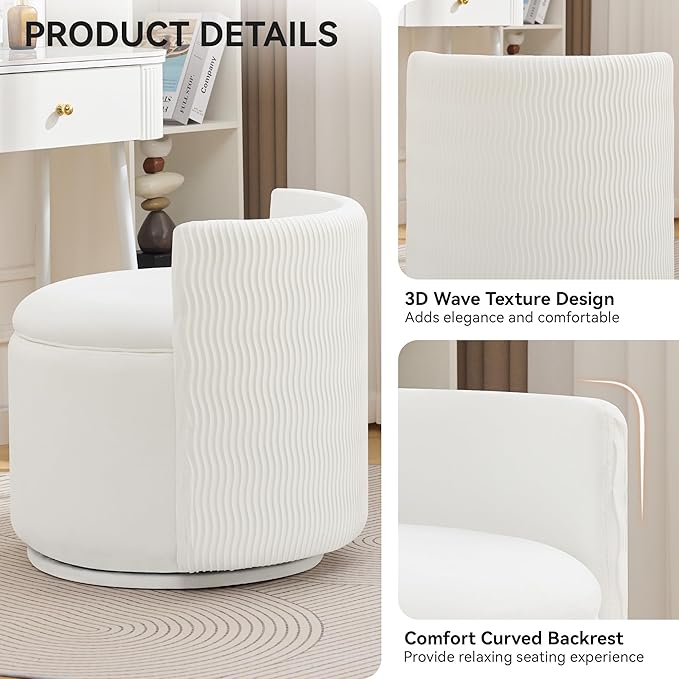 Large Velvet Vanity Chair with Storage 360° Swivel Makeup Chair with Wave Back No Assembly Small Accent Stool for Bedroom Dressing Living Room White