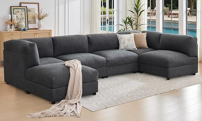 Jocisland 148 inches U-Shaped Modular Sectional Sofa Oversized Convertible Couch with Ottoman Easy Assembly Scratch-Resistant Linen Fabric Gray
