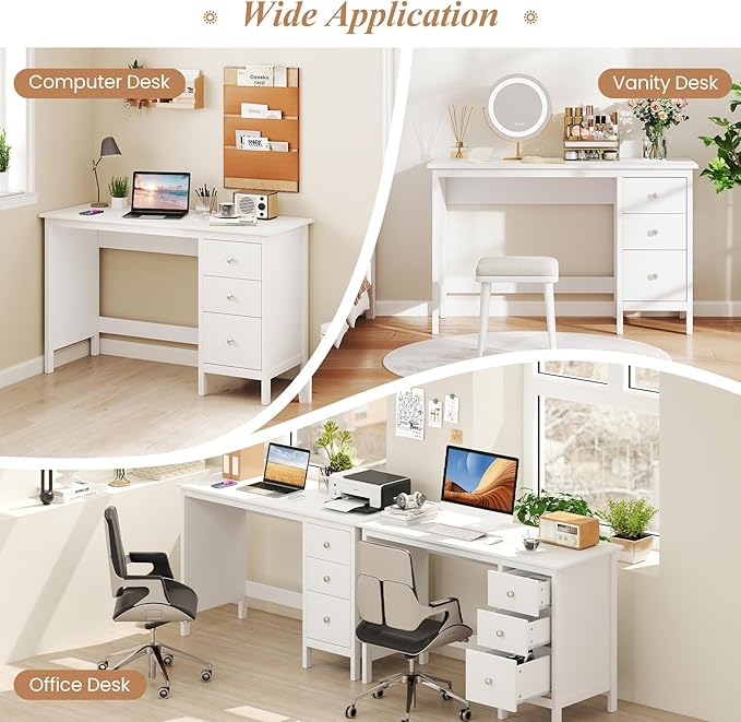 Giantex White Desk with Drawers 48 Inch Home Office Desk with Anti-Toppling Device Multifunctional Computer Workstation Wood Study Writing Desk for Small Spaces Bedroom