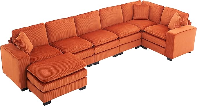 143 Large Modular Sectional Sofa Convertible U - L Shaped 6-Seat Sofa Couch with One Ottoman Chaise and Pillows Sectional Couches Comfy Corduroy Upholstered Sofa Sleeper for Living Room (Orange)