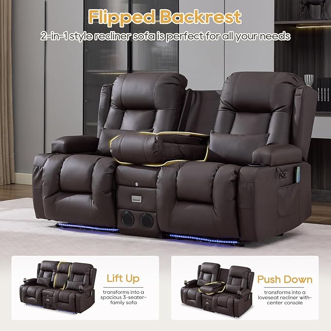 IPKIG Power Loveseat Recliner Sofa with Flip-Up Backrest Console Drawer AC Outlet LED Light Wall Hugger Recliners for Living Room RV Home Theater (Chestnut Console with Music LED)