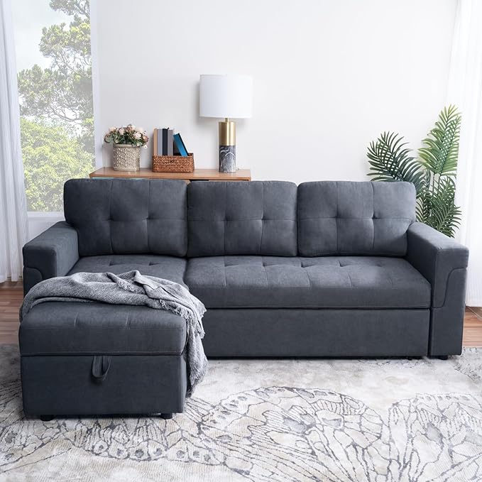 Multifunctional Sectional Sofa with Pull-Out Sleeper Bed &amp Hidden Storage – Reversible Chaise Dark GrayVelvet – Space-Saving Durable Stylish &amp Easy DIY Assembly for Apartments &amp Small H