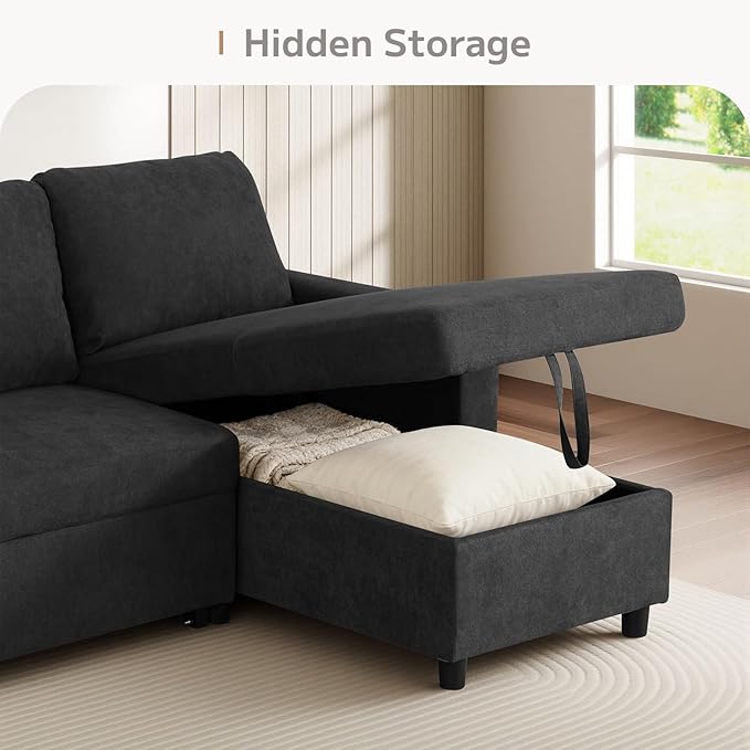 L-Shaped Sleeper Sofa with Chaise Lounge &amp Storage Pull-Out Couch Bed with Recliner Full Size Futon for Living Room Office Apartment Black