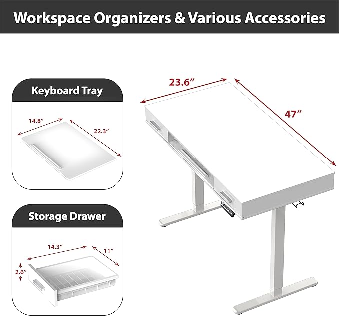 SHW 48-Inch Electric Height Adjustable Desk with Keyboard Tray and 2 Drawers White
