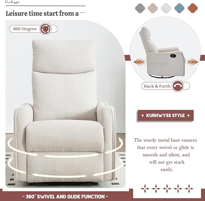 Rocking Recliner Chair with Heat and Massage 360° Swivel Glider Rocker with Reclining Backrest and Footrest Modern Nursery Rocking Chairs for Adults for Bedroom Living Room Office (Beige)