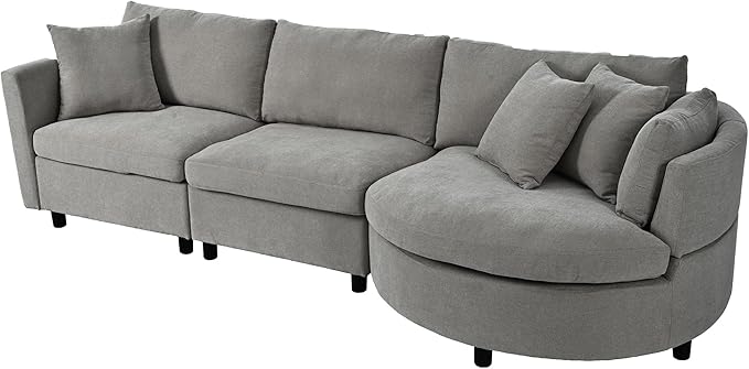 kevinplus 105.5'' Sectional Sofa Couch for Living Room Modern Contemporary 3-Seat Upholstered Sectional Couch Sofa with Curved Seat for Apartment Home Office Chenille Fabric Gray