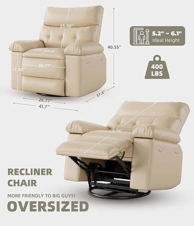GarveeHome Oversized Leather Recliner Chair Swivel Rocker Manual Recliner for Adults Lazy Rocking Chair with Comfort Arms and Back Single Sofa for Living Room