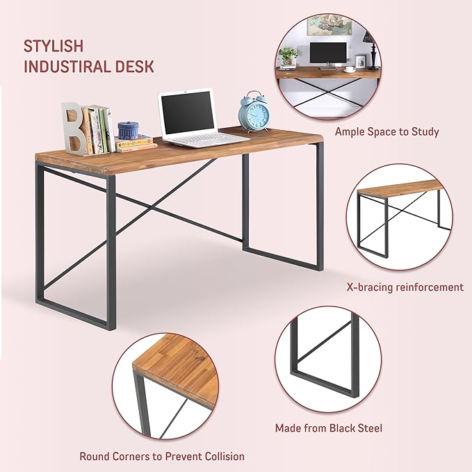 northbeam Concord Live Edge Solid Wooden Desk – Acacia Hardwood Desk with Industrial Steel Frame Spacious Workstation for Home Office Study with X-Brace Support Durable Writing Table