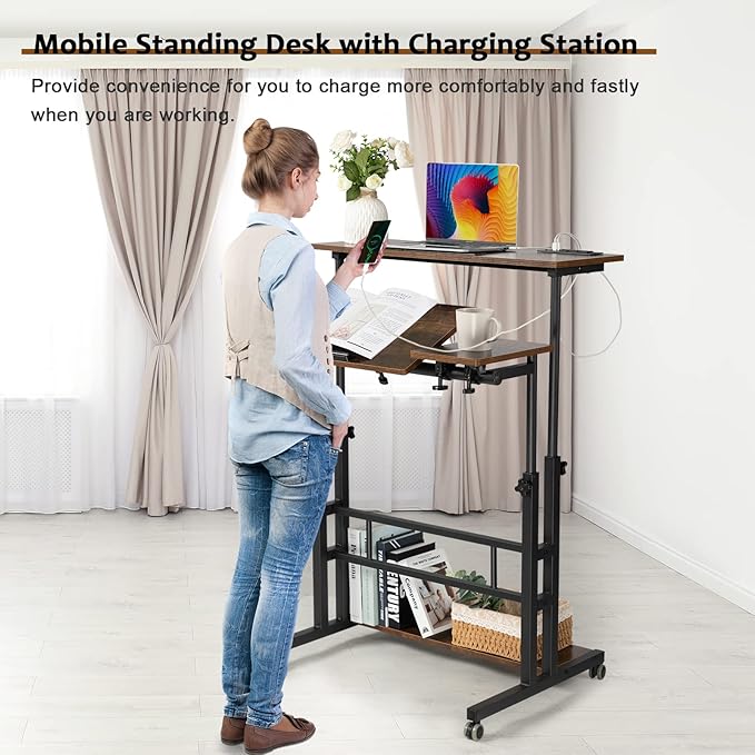Hadulcet Mobile Standing Desk Adjustable Height Rolling Desk Stand Up Desk Mobile Laptop Desk Rolling Computer Desk with Charging Station Portable Desk with Wheels Rustic Brown