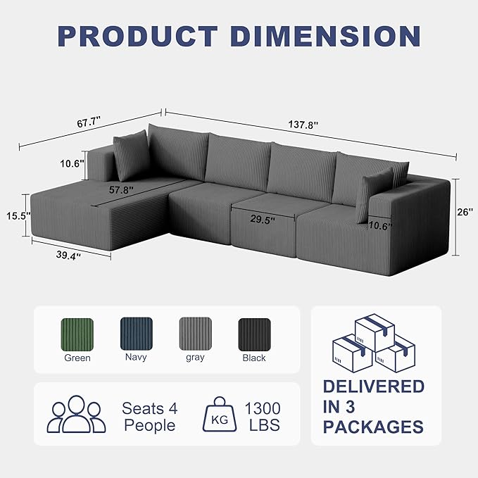 138 Boneless Couches for Living Room Modular Cloud Couch Sofa - 4 Pieces L Shap Corduroy Sectional Sofa Fluffy Memory Foam Sleeper Sofa Furniture No Assembly Wide Armrest Grey