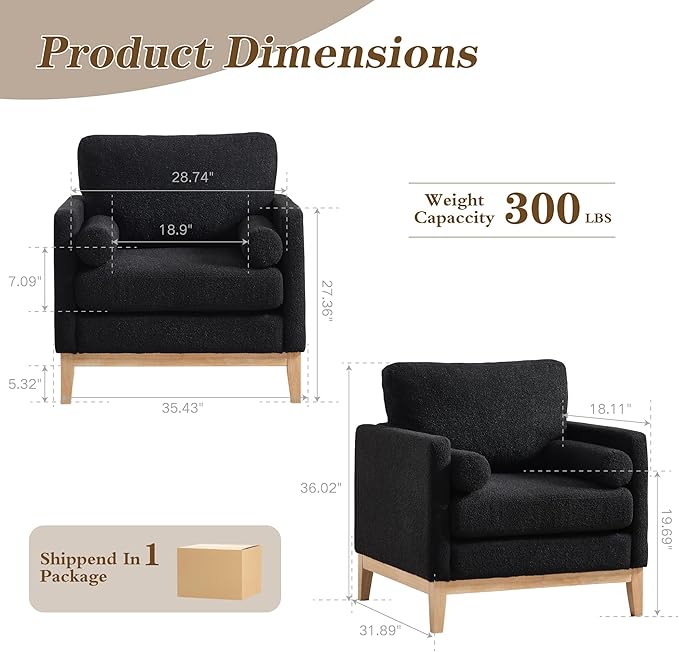 Mlmh &amp Kngwa 35.43 W Modern Accent Chair Set of 2 Upholstered Accent Chairs Single Sofa Chair with Natural Wood Legs Comfy Wingback Armchair for Living Room Bedroom Black