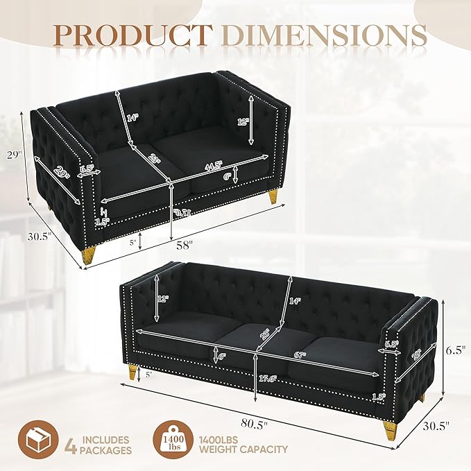 2 Piece Chesterfield Sofa Comfy Velvet Tufted Mid Century Modern Couch Set Cloud Futon Loveseat Gold Legs &amp Nailhead Deep Seat Sofas for Living Room Office (Black Couch and Loveseat Set of 2)