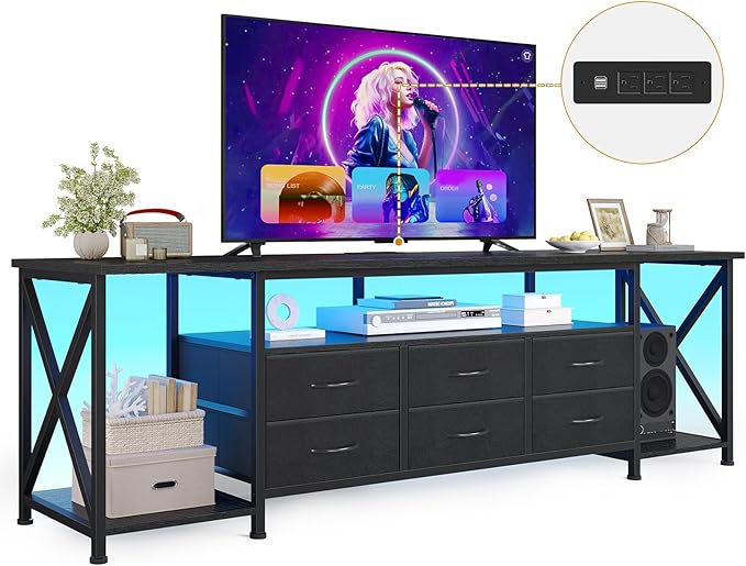 BTHFST TV Stand with LED Lights &amp Power Outlets for TVs up to 80 Inches 6 Fabric Drawers Entertainment Center with Open Storage Shelves 63 TV Media Console Table for Living Room Bedroom Blac