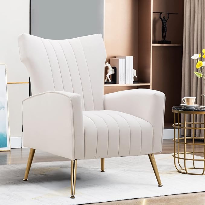 Artechworks Curved Tufted Accent Chair with Metal Gold Legs Velvet Upholstered Arm Club Leisure Modern Chair for Living Room Bedroom Patio White Cream