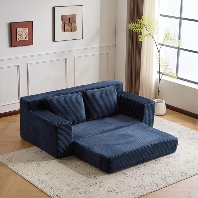 72 Boneless Loveseat Couch Foldable Pull Out Sofa Bed with 2 Pillows Corduroy Floor Sofa for Apartment Living Room Bedroom Guest Room No Assembly (Dark Blue)