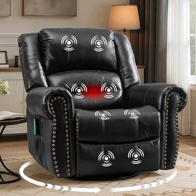 MEETWARM Massage Swivel Rocker Recliner with Heat and Vibration Manual Glider Rocking Recliner Chair 360°Swivel Lounge Reclining Chair with Remote Control/USB Ports for Living Room(Black)
