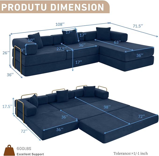 108 W Corduroy Modular Cloud Couch with Fixed-Shape Frame Oversized L-Shaped Sectional Sleeper Sofa Bed with Pull Out Bed No Assembly Modern Floor Boneless Couch for Living Room (Blue)