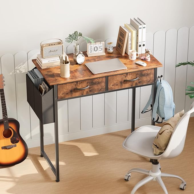 Sweetcrispy Computer Desk Small 32 Inch Home Office Bedroom Writing Study PC Table with Fabric Storage Drawers Space Side Bag Headphone Hook Adjustable Feet Modern Simple Style Rustic Brown