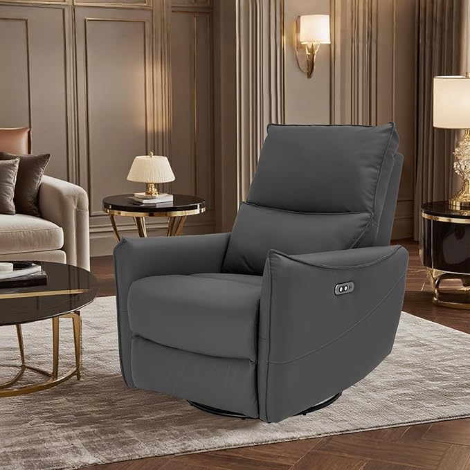 Recliner Sofa Rocking Chair Swivel Power Reclining Adjustable 360 Degree Spinning with Ergonomics Lumbar Support Natural Leather for Home Theater Seating Living Room Bedroom Nursery Grey