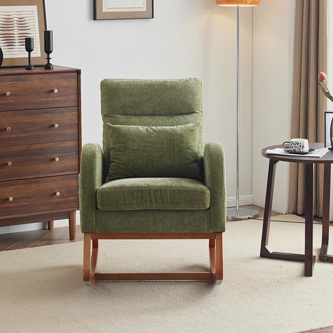 VINGLI Olive Chenille Rocking Chair Nursery with Thick Headrest Upholstered Mid-Century Modern Nursing Rocker Glider with Curved Armrest Sturdy Solid Wood Base for Living Room Bedroom Baby Room