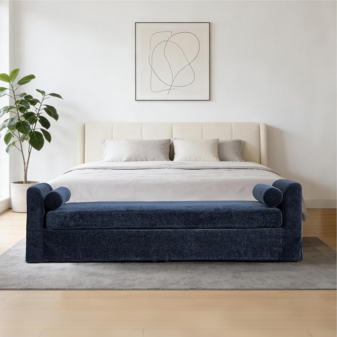 Mlmh &amp Kngwa Chaise Lounge Chair Indoor 90.6 Upholstered Oversized End of Bed Bench with 2 Pillows &amp Armrests Comfy Sleeper Couch Daybed Bench for Bedroom Living Room Chenille Navy