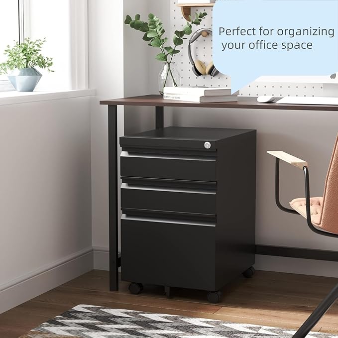 3 Drawer File Cabinet with 4 Wheels Capacity 120 Lb Locking File Cabinet- for A4 Letter-Head Legal-Size Folders - for Office&ampStudy Black