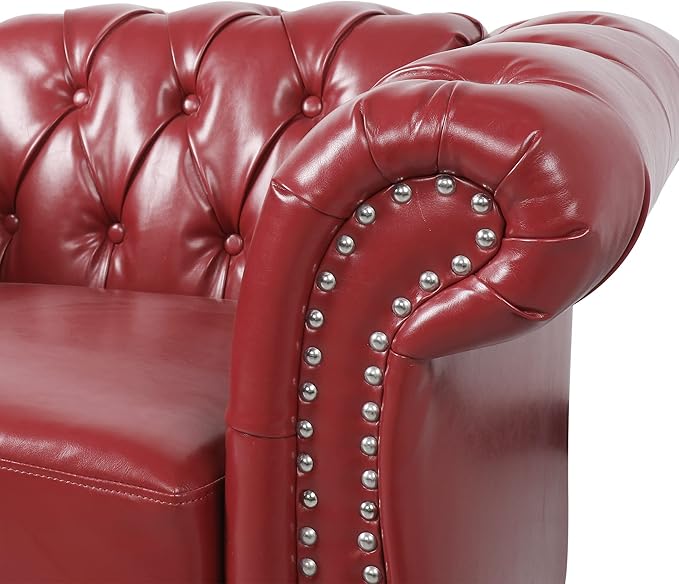 RARZOE PU Chesterfield Chairs Chesterfield Faux Leather Club Chair Chesterfield Button Tufted Leather Accent Chair with Nailhead Trim Scrolled Arms for Living Room Bedroom Office Burgundy