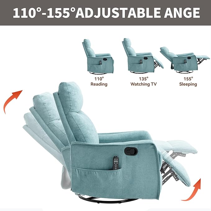 Rocking Recliner Chair with Heat and Massage 360° Swivel Glider Rocker with Reclining Backrest and Footrest Modern Nursery Rocking Chairs for Adults for Bedroom Living Room Office (Blue-Green)