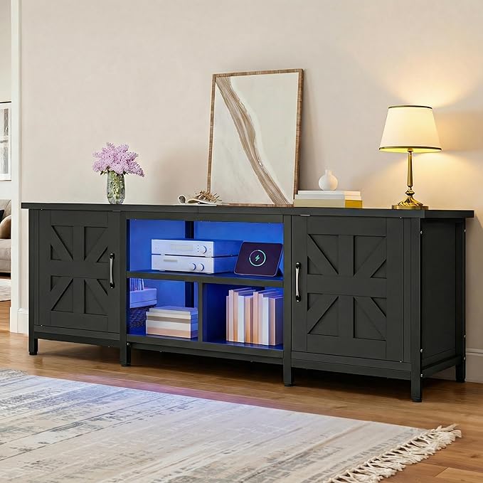 DWVO Farmhouse TV Stand with Power Outlet &amp LED Lights TV Consoles for TVs up to 70'' Entertainment Center with Storage Cabinets for Living Room Black