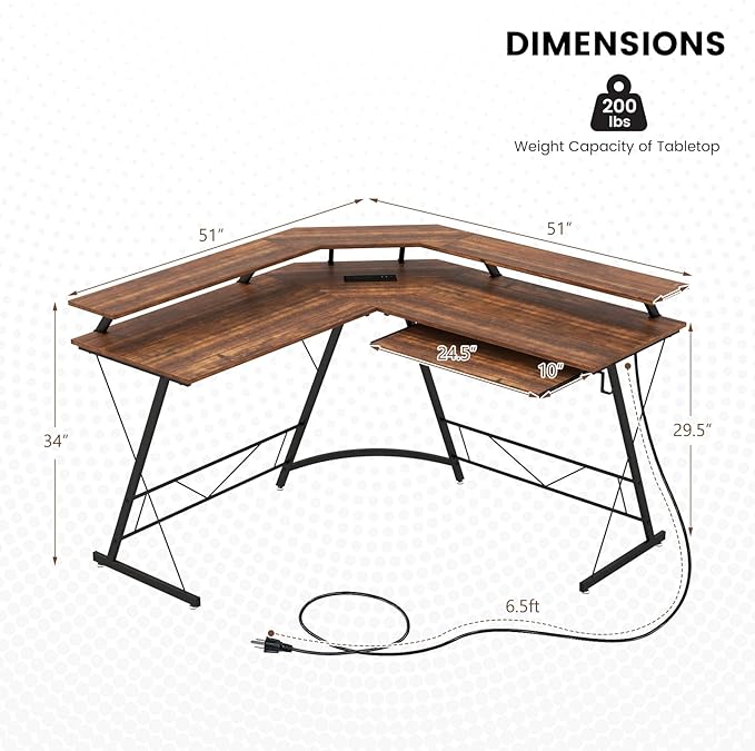 Tangkula L-Shaped Computer Desk with Power Outlet 51 Corner Computer Workstation with Monitor Stand Keyboard Tray &amp Headphone Hook Ergonomic Gaming Desk for Home Office (Rustic Brown)