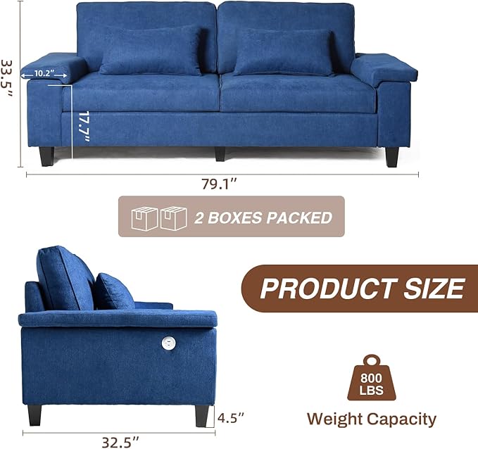79'' Deep Seat Sofa for Living Room Mid Century Modern 3 Seater Couch with Adjustable Armrests &amp Charging Ports Navy Blue Loveseat for Apartment Home Office