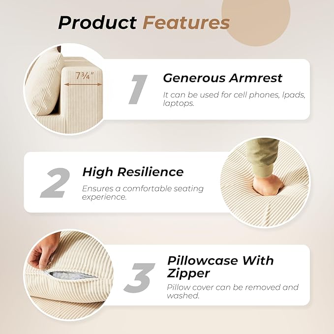 Boneless Cloud Couch with Movable Chaise Ottoman Moudular Sleeper Couch Dual-Core Support Spring &amp High-Resilience Foam 105 Corduroy Couch for Living Room No Assembly Beige