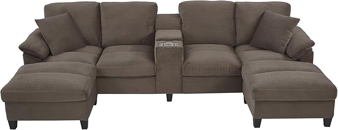 Modern U-Shaped Sofa 116.9 Sectional Sofa Corduroy Upholstered Sofa Couch with Storage Ottomans Cup Holders and USB Ports for Living Room (Brown-X70)