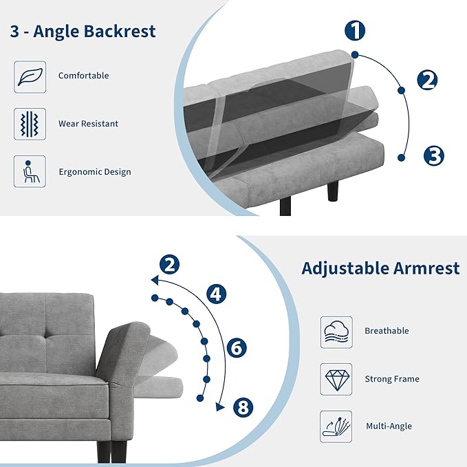IDEALHOUSE 89 Futon Sofa Bed Modern Chenille Sleeper Couch with Adjustable Backrest &amp Armrest Convertible Futon Couch for Living Room Bedroom Apartments Silver Gray