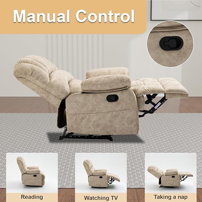 Large Lazy Recliner Chair for Adult Comfortable Manual Single Recliner Sofa Oversized Reclining Chair Upholstered Soft Fabric Living Room Recliner Sofa Chair for Living Room Bedroom (Beige)