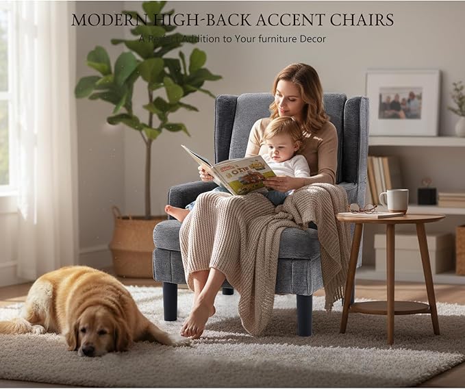 Accent Chairs Set of 2 for Living Room Chairs Modern Accent Chair Oversized Reading Chair for Living Room Sofa Chair with High Back and Wood Legs Upholstered Armchair Comfy Chair for Bedroom (Grey)