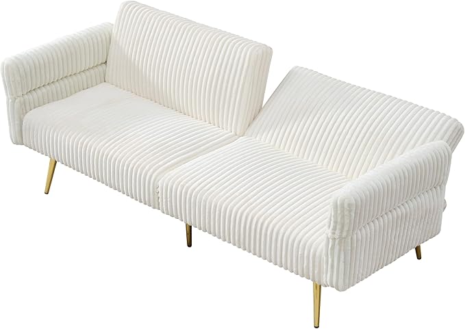 Convertible Sofa Bed Futon Couch Bed with Adjustable Arms and Backrest Modern Love Sofa with Gold Metal Legs for Living Room Bedroom (Corduroy Fabric in Cream White 79Wx29.33Dx27.6H)