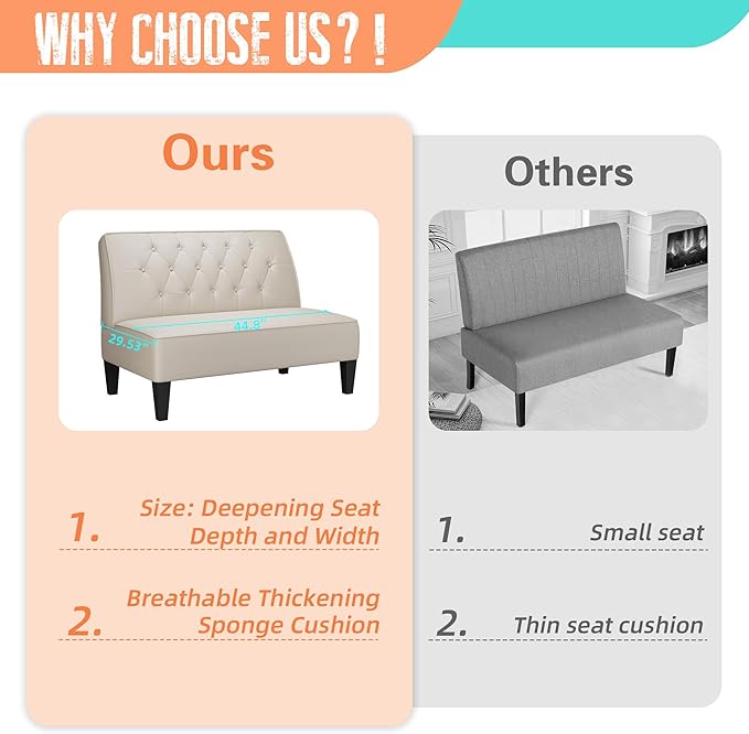 Alunaune Upholstered Loveseat Bench Couch for Bedroom Modern Anti Scratch Cushioned Armless Settee Small Love Seat Sofa Faux Leather Living Room Couch-Beige