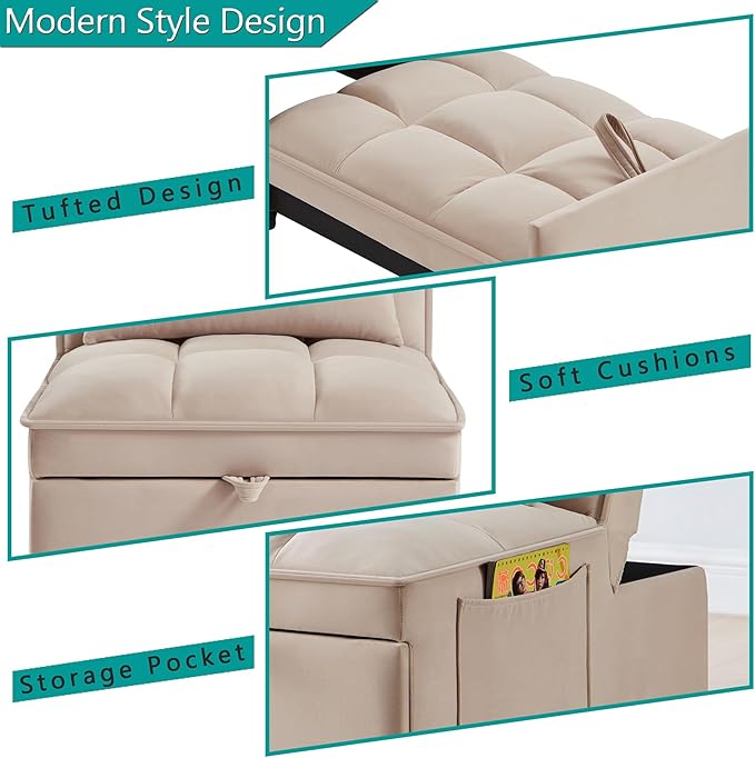 4 in 1 Bouncer with Pull-Out Bed Convertible Slip on Sofa Chair with Storage Pockets and Adjustable Backrest Comfortable Folding Footrest Bed Living Room (Peach)