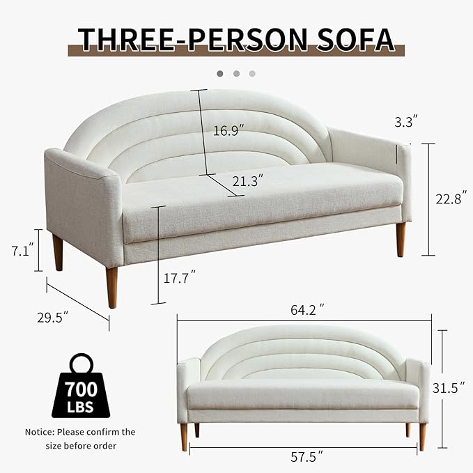 YUHUASHI Stylish Rainbow Sofa 3-Seater Sofa Sturdy Solid Wood Legs for Studio Bedroom Home Office 64-Inch Wide Linen Fabric (64 Three-Person Sofa Cream)