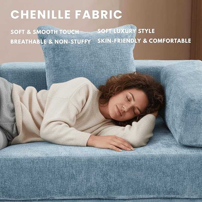 4-in-1 Folding Convertible Sofa Bed 77 Floor Couch with Pillow - Chenille Fabric &amp High-Density Sponge &amp Fixed-Shape Frame Modular Sofa for Living Room/Lounge/Studio Blue