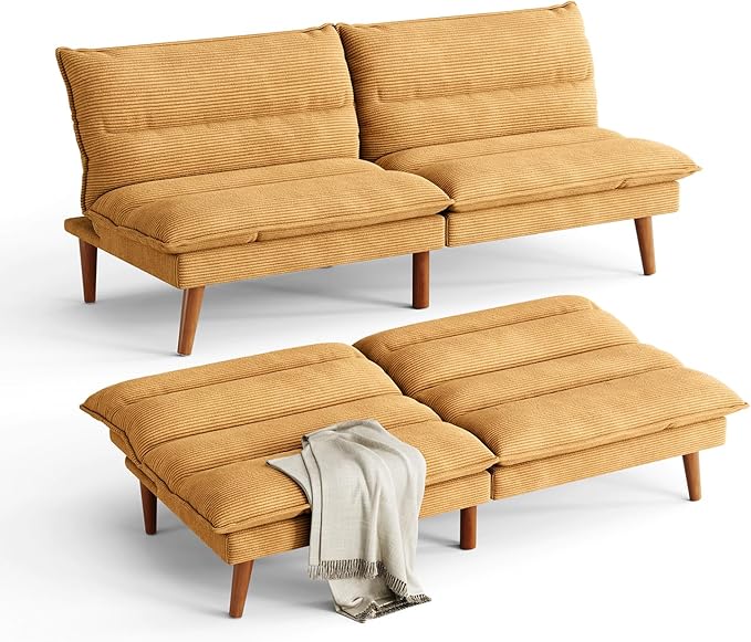 LINSY Futon Sofa Bed - 71 Inch Corduroy Futon Couch with Adjustable Backrest Convertible Folding Futons Sofa Couches for Small Spaces Living Rooms Apartment Office (Yellow)
