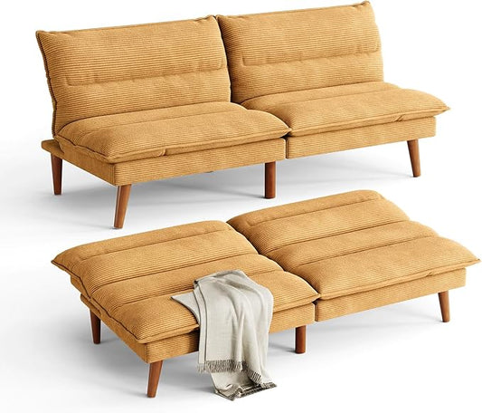 LINSY Futon Sofa Bed - 71 Inch Corduroy Futon Couch with Adjustable Backrest Convertible Folding Futons Sofa Couches for Small Spaces Living Rooms Apartment Office (Yellow)